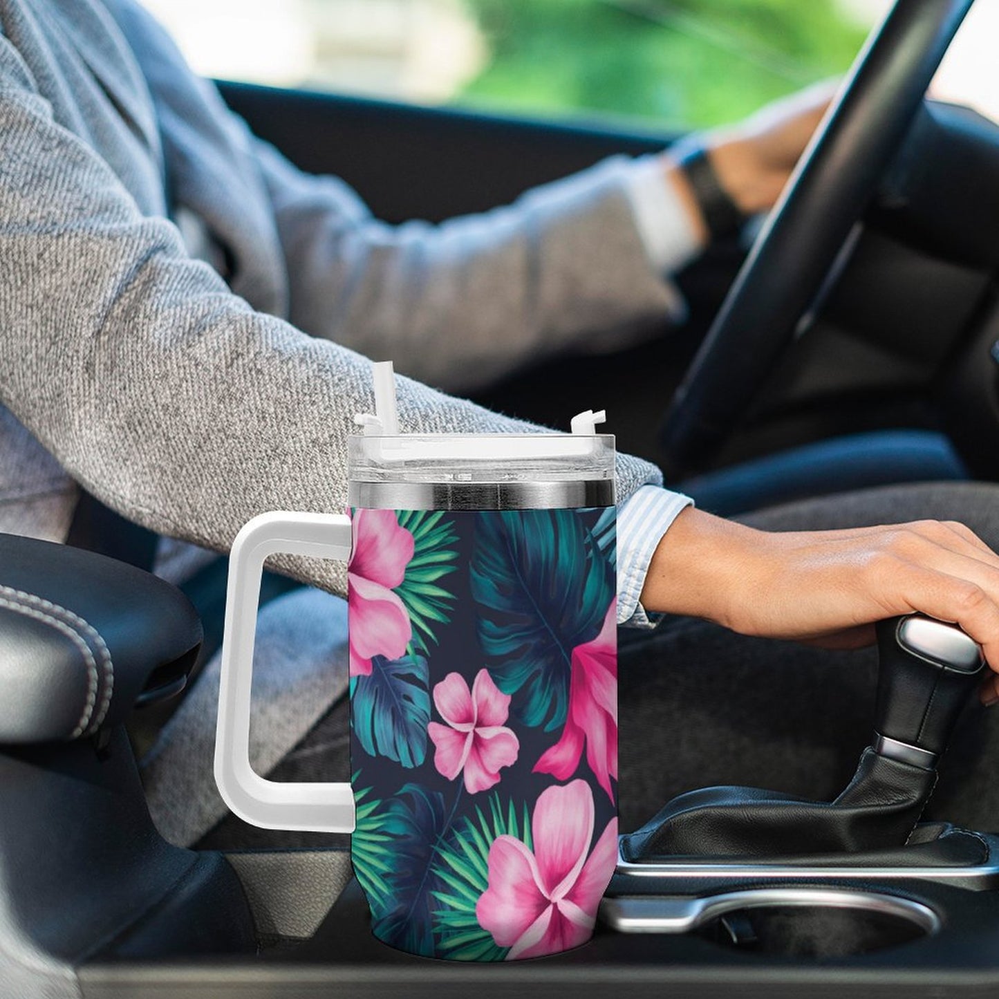 PHDT00035 POD US Local Tumbler 40 oz Large Capacity Car Cup Pink, Petals, Monstera Leaves