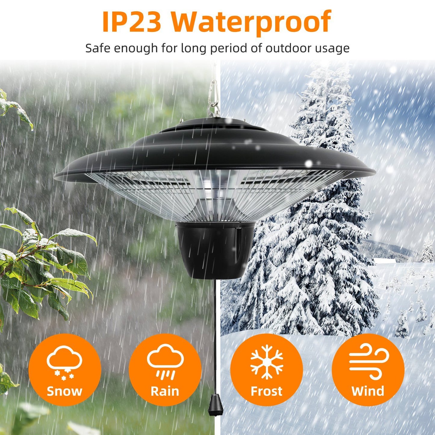 US Local 1Pc 1500W Outdoor Hanging Patio Heater Ultra-Quiet Electric Heating Lamp IP23 Waterproof 2 Heating Levels Overheating Protection Ceiling Mounted Outdoor Heater
