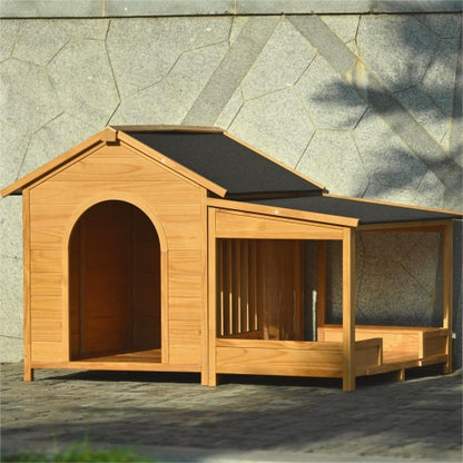 US Local 60.2 Large Wooden Dog House With Porch, Cabin Style Dog Crate With Asphalt Roof And Elevated Floor, Dog Kennel With Side Window And Doors, Perfect For Medium & Large Dogs, Nature