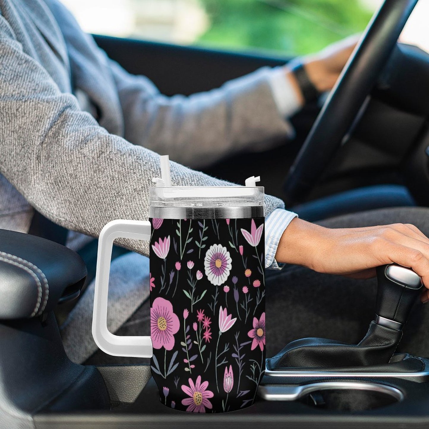PHDT00211 POD US Local Tumbler 40oz Large Capacity Car Cup Flower Branches, Pink, Black