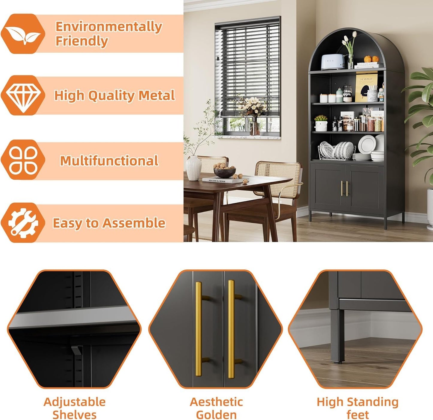 US Local Metal Arched Bookcase, Large Size Freestanding Black Arch Storage Cabinets For Home Office Bookshelf Living Room