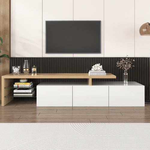 UK Local Modern TV Cabinet Design Stylish And Elegant, Practical Storage, High-gloss White, Wooden Look, Glass Shelves, LED Lighting