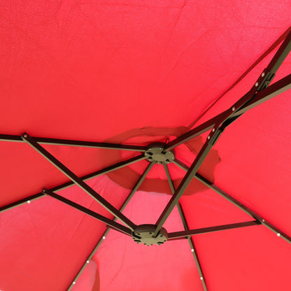 US Local 15x9ft Large Double-Sided Rectangular Outdoor Twin Patio Market Umbrella With Light And Base- Red