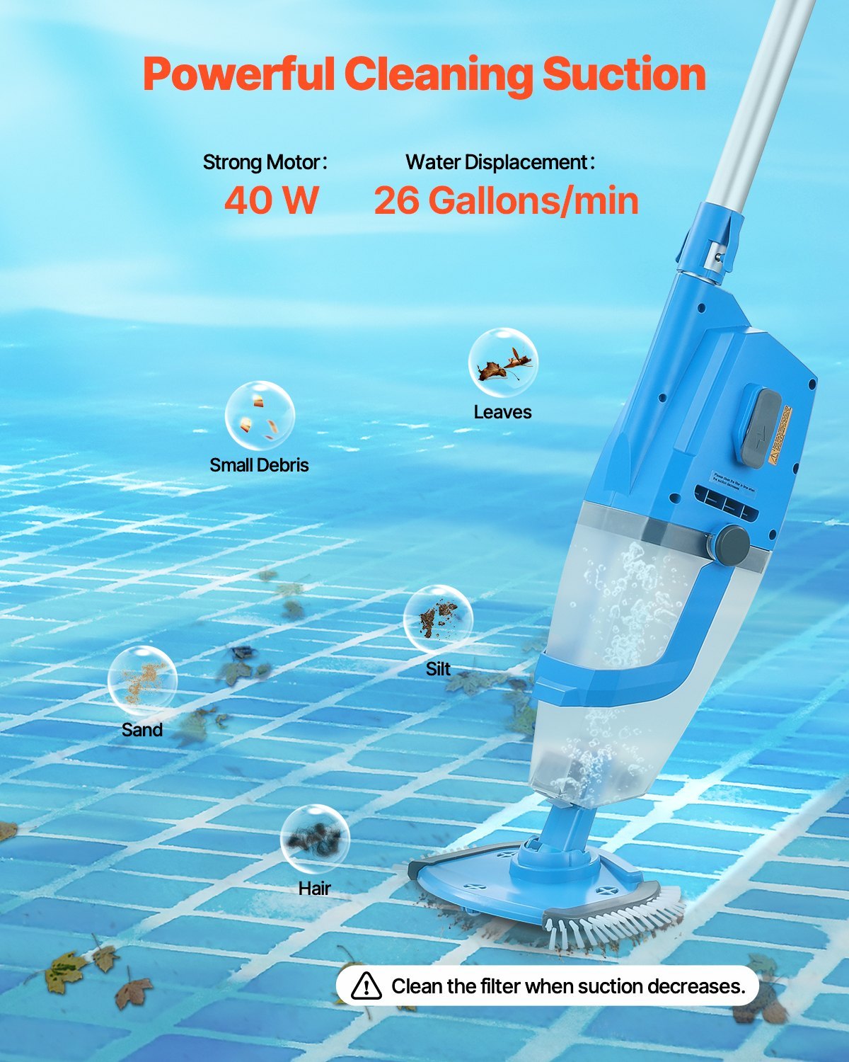Pool Vacuum, 26 GPM Handheld Cordless Hot Tub Vacuum With Extension Pole, For Deep Cleaning  Strong Suction, Rechargeable Pool Cleaner, Running Up To 1Hour, For Above Ground Inground Pool Spas