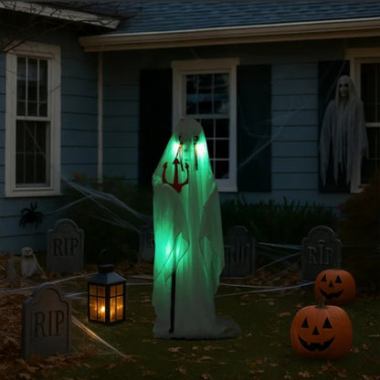 US Local 4.3ft Halloween Decorations Outdoor Life Size Animatronics Ghost With Trident, Sound-Actived Party Decor With Green Lights And Creepy Sound, Scary Haunted House Props For Garden Yard Lawn
