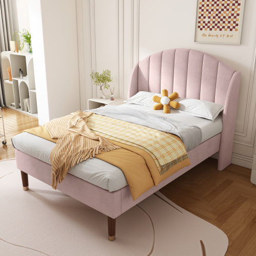 UK Local Upholstered Bed,Single Bed-3ft 90x190cm ,with Slatted Frame And Headboard, Youth Bed, Wooden Slatted Support, Easy Assembly, Velvet, Pink
