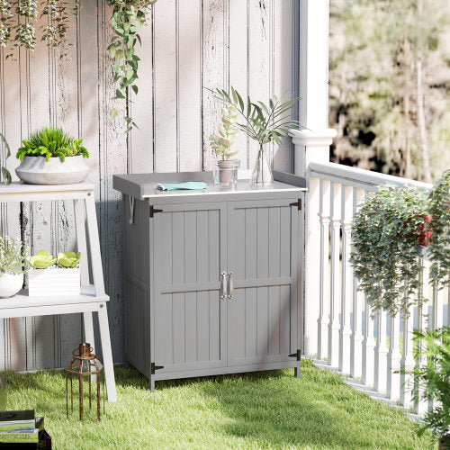 UK Local Outsunny Wooden Garden Shed, Garden Tool Storage Shed With Hinged Roof And Shelf, Outdoor Storage Cabinet With Double Doors, Grey