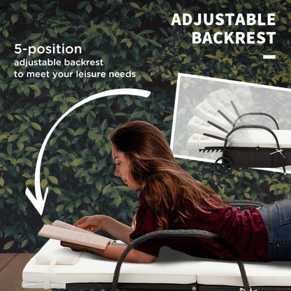 US Local Outdoor Chaise Lounge, 5-Level Adjustable Backrest Rattan Pool Lounge Chair With Wheels, Cushion & Headrest, Cream