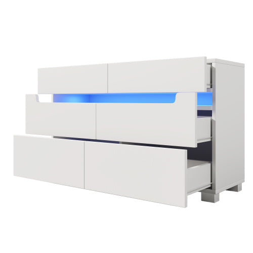 UK Local Sideboard Cabinet Dresser With 6 Drawers,Storage With RGB LED App Control, Sideboard With Cut-out Handles, 6-drawers Chest Of Drawers, 71 X 120 X 40 Cm, White