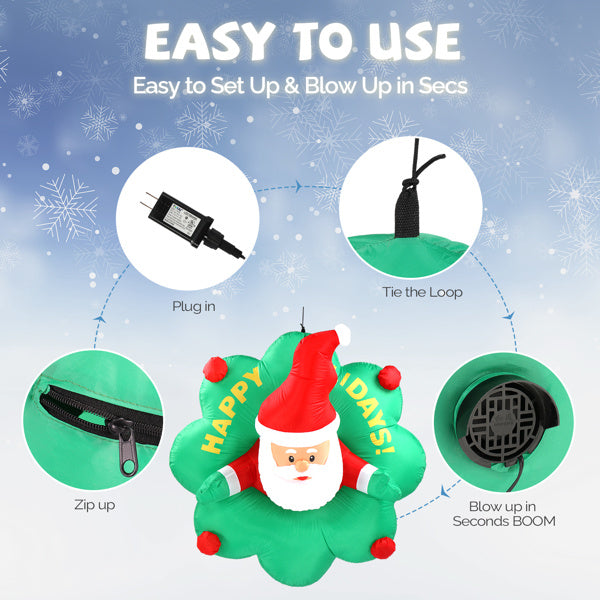 US Local 4ft Window Santa Claus Wreath, 5 LED Lights, Bundle Pocket Christmas Inflatable Decoration