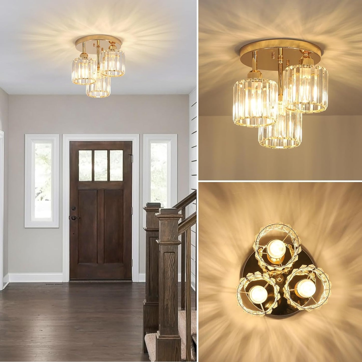 US Local Modern Semi Flush Mount Ceiling Light,3-Light Crystal Close To Ceiling Light Fixtures,Golden Kitchen