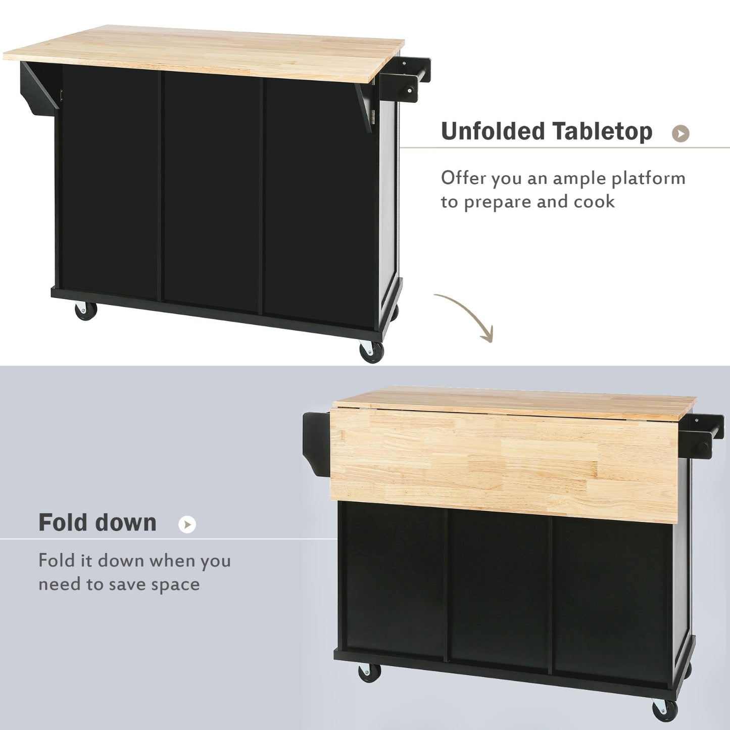 US Local Kitchen Cart With Rubberwood Drop-Leaf Top, Cabinet Door, Storage Racks
