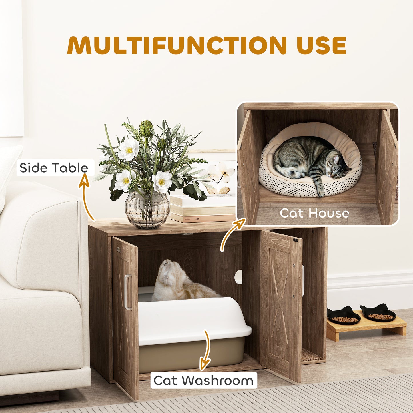 US Local Cat Litter Box Enclosure With Scratching Board, Cat Washroom End Side Table, 31.5 X 19X 20, Walnut Brown