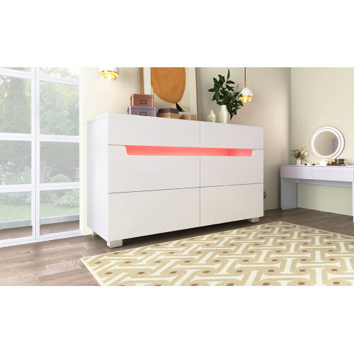 UK Local Sideboard Cabinet Dresser With 6 Drawers,Storage With RGB LED App Control, Sideboard With Cut-out Handles, 6-drawers Chest Of Drawers, 71 X 120 X 40 Cm, White