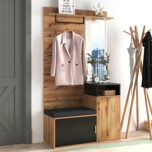 UK Local Wardrobe Set, With 4 Coat Hooks, Mirror, Shoe Cabinet, Wall-mounted Coat Rack, Upper Storage Shelf, Hallway Wardrobe With Bench Seat.