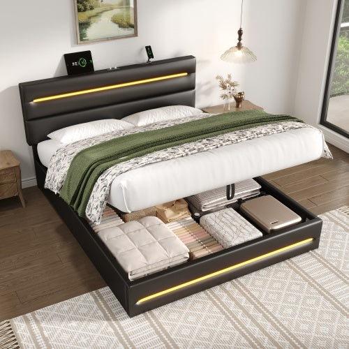 UK Local 5ft King Upholstered Bed Frame With Hydraulic Storage, PU Ottoman Bed With LED Lighting And Charging Station, LED Adjustable Headboard With USB And Type - C Ports, Black