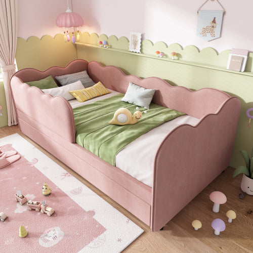 UK Local Upholstered Bed Daybed 90 X 190 Cm, 3FT Single Bed With Pull Out Trundle, Sofa Bed For Adults And Children, Single Daybed With Slatted Frame, Velvet, Pink No Mattress