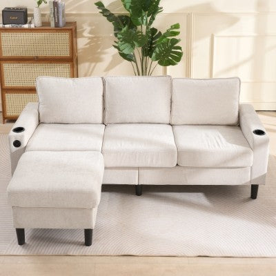 UK Local L-Shaped Couch Sofa, Corner Sofa 3 Seater Sofa, Sectional Sofa Couches With USB, Cup Holder, For Apartment Living Room Beige