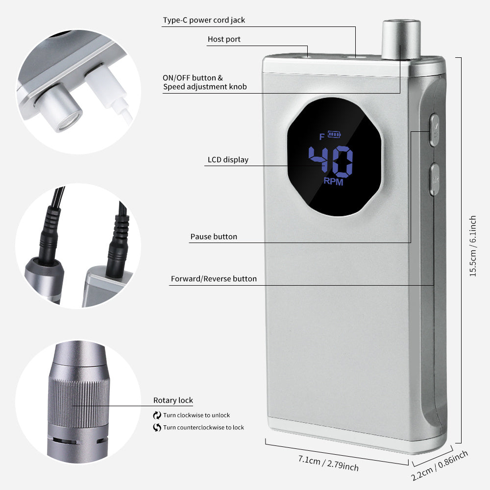 US Local Professional Nail Drill, 40000RPM Electric Nail File For Acrylic Gel Nails Polishing Removing, Rechargeable Portable Cordless Nail Drill Kit With Full Set Of Accessories At Salon Home