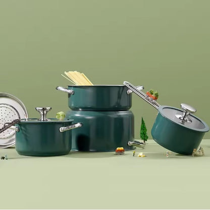 US Local 4 pcs Stainless Steel Ceramic Coated Pot Set, Including 1 Milk Pot, 2 Stockpots, 1 Non-stick Pan, 4 LIDS And 1 Steamer Green