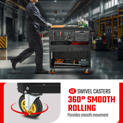 US Local 3-Tier DIY Detachable Utility Cart Storage Tool Cart With Steel Pegboard, Foldable Rolling Tool Cart With Wheels For Garage Organizer And Tool Storage