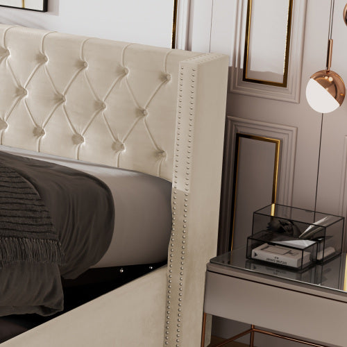 UK Local Upholstered Bed, With Hydraulic Lever, Functional Bed From Storage, 150 X 200 Cm, Without Mattress, Velvet, Beige