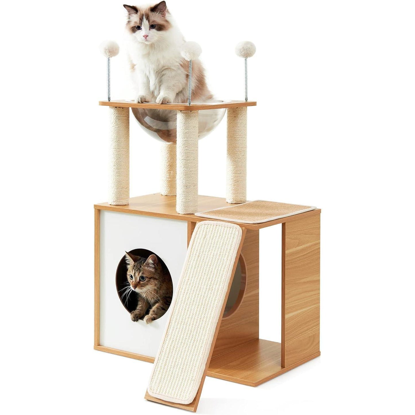 US Local Indoor Wooden Cat Climbing Frame Cat Tower Cat House With Cat Scratching Board Ramp Suitable For Large Cats And Kittens