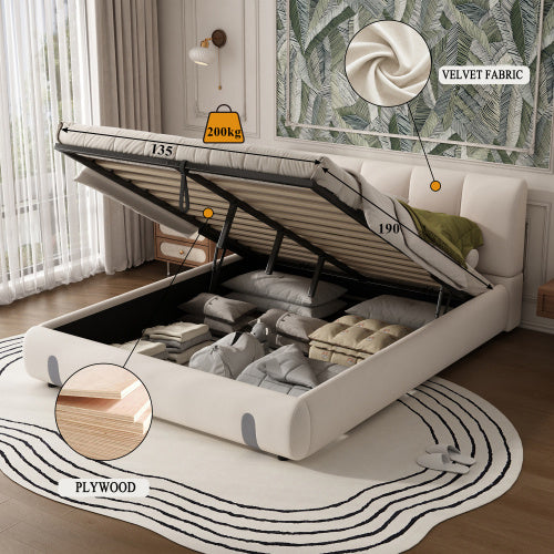 UK Local Upholstered Hydraulic Bed, For Adults And Teenagers, 4ft6 Double Bed 135x190cm, Under-bed Storage Space, Soft Headboard, MDF  Velvet  Plywood, White