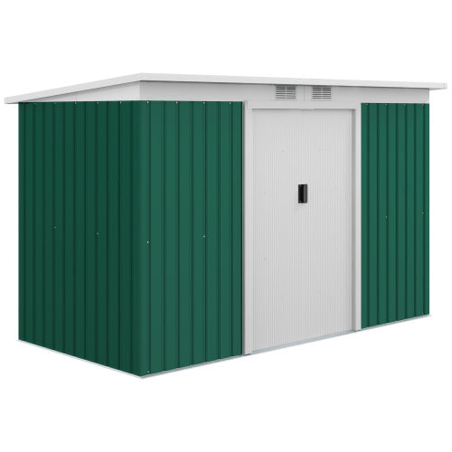 UK Local Outsunny 9ft X 4ft Metal Garden Shed, Outdoor Tool House With Foundation Kit, Ventilations And Double Doors, Deep Green