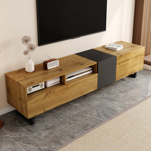 UK Local Colorblock TV Cabinet, Simple Contrasting Color Design, Three Doors And Two Compartments, U-Shaped Metal Legs, Retro Wood Grain