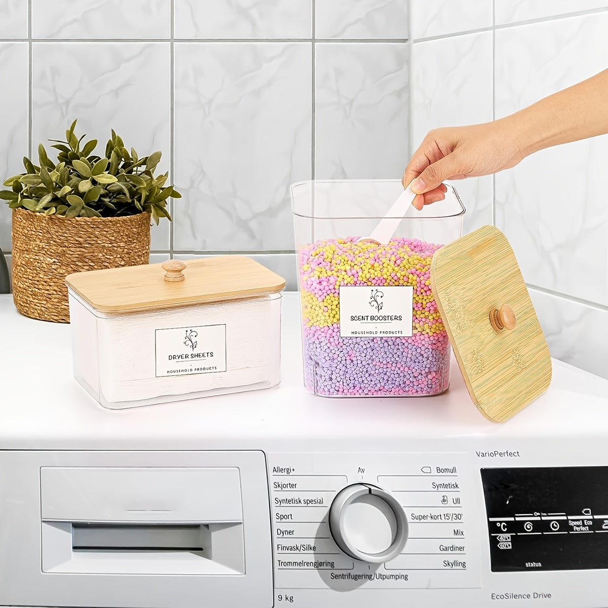 US Local 3-Pack Laundry Room Organization Storage Boxes, Clear Laundry Bead Containers And Dryer Sheet Holders Set With Lids And Labels For Detergent, Washing Powder, Dryer Balls, Laundry Beads