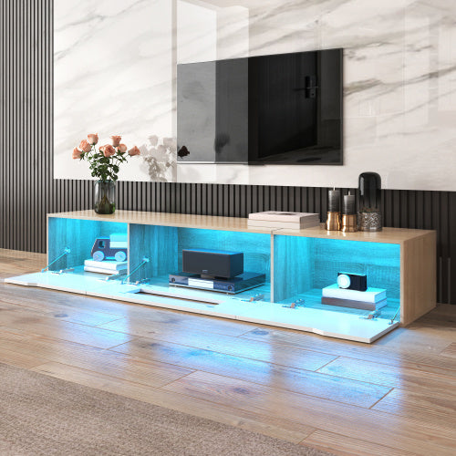 UK Local TV Cabinet, High Gloss TV Cabinet, Color Matching High-glosswhite And Wood Color, With Color Changing LED Light.