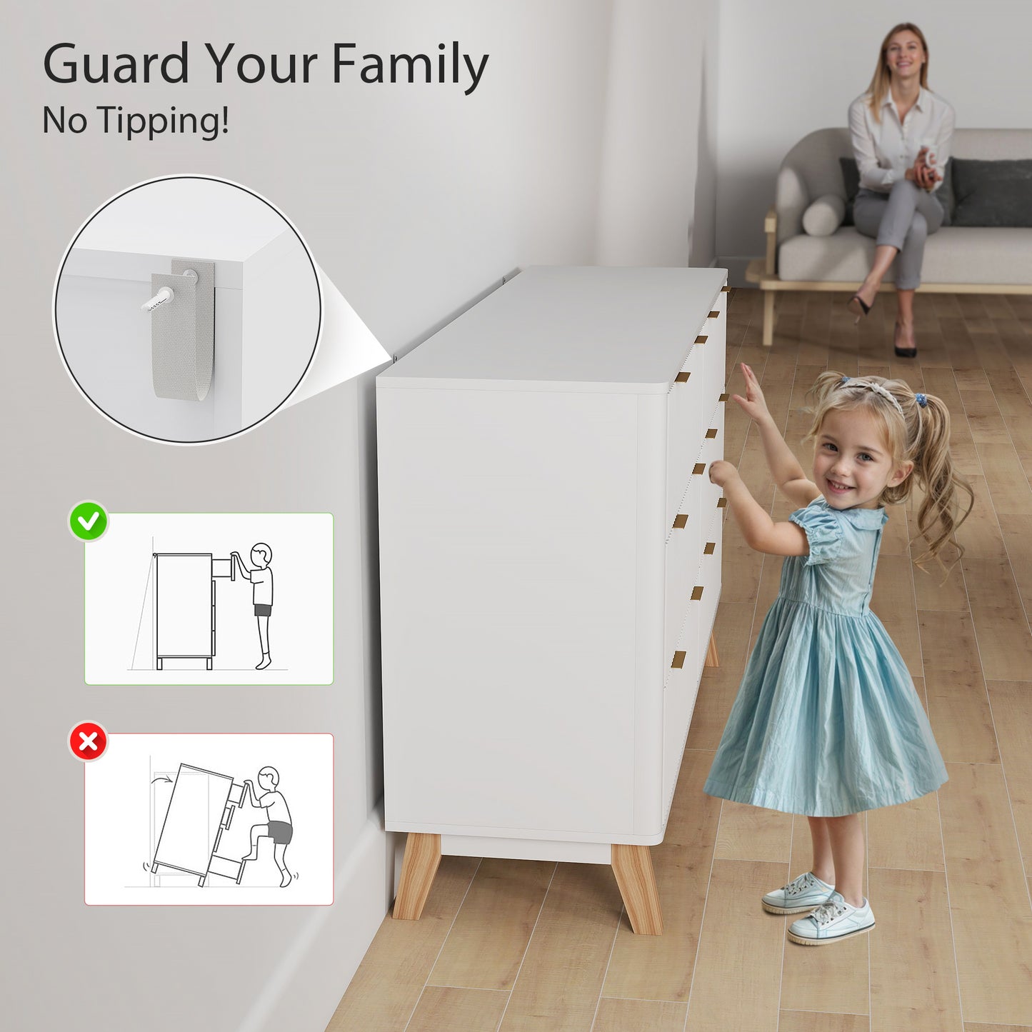 US Local 6 Drawer Double Dresser For Bedroom, Fluted Chest Of Drawers With Gold Finger Pulls And 5 Wood Legs, White