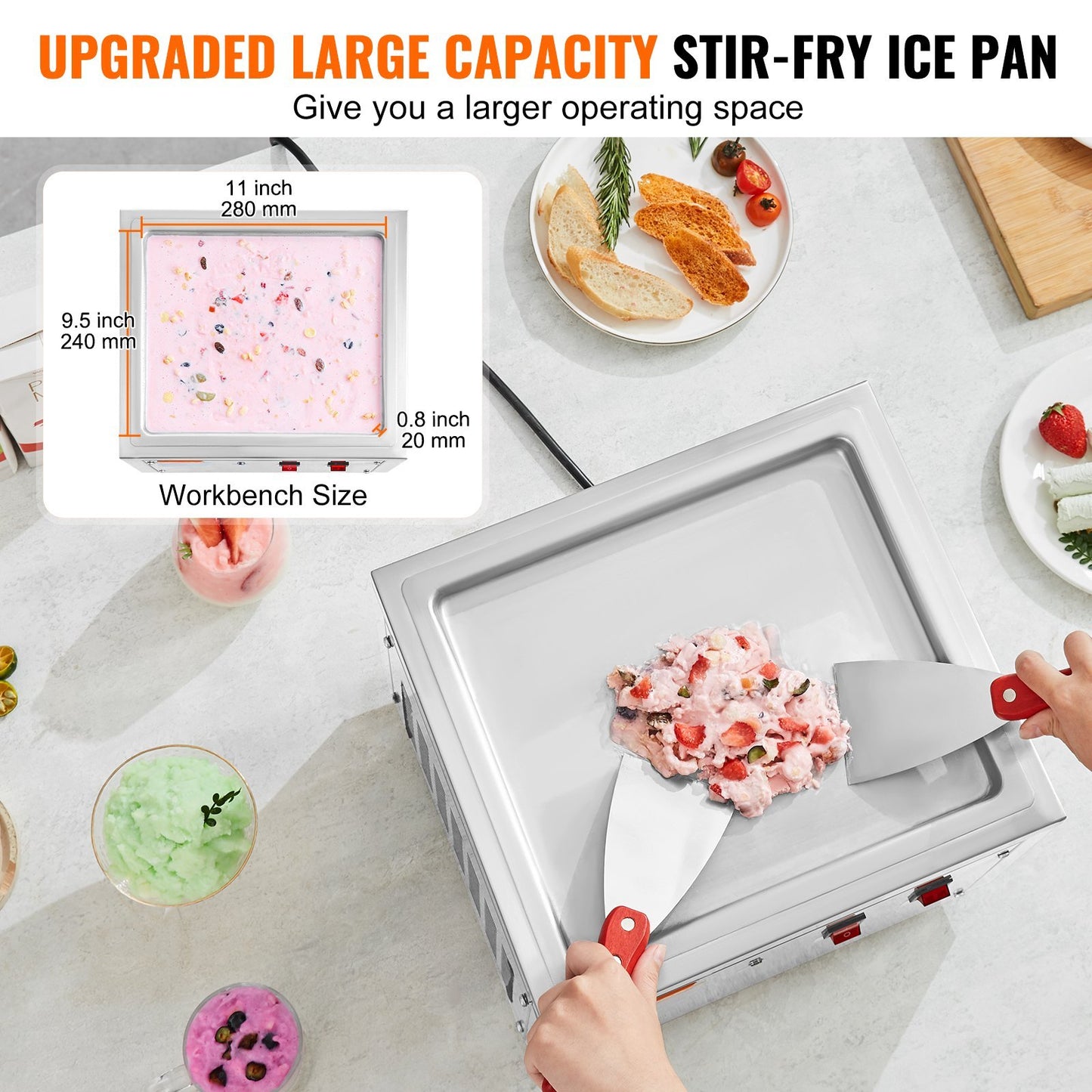 US Local Fried Ice Cream Roll Machine, 11" X 9.5" Stir-Fried Ice Cream Pan, Stainless Steel Rolled Ice Cream Maker With Compressor And 2 Scrapers, For Making Ice Cream, Frozen Yogurt, Ice Cream Rolls