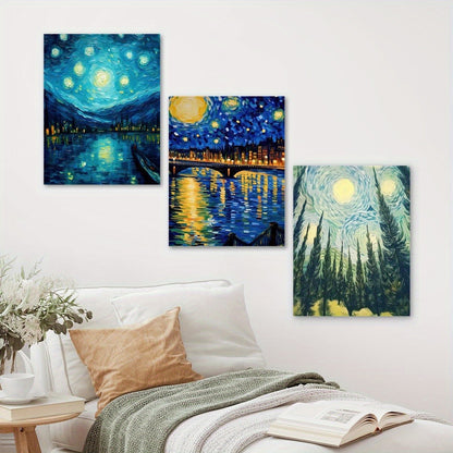 US Local 3-piece Starry Sky Canvas Wall Art Set, Abstract Blue Night Sky Landscape Prints, Wrapped Pine Frames, Classic Decorative Art Style, Modern Indoor Outdoor Wall Hanging Decor, Suitable For Living Room