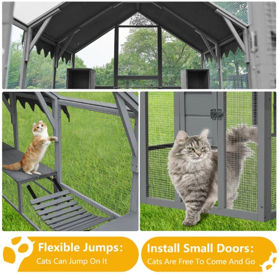 US Local Outdoor Cat House Cat Enclosures 110 Large Kitten Playpen With Platforms,Upgrade Waterproof Cover-grey