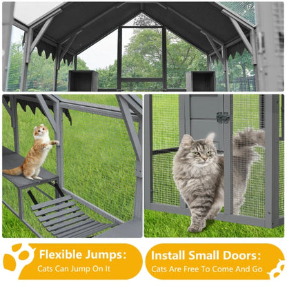 US Local Outdoor Cat House Cat Enclosures 110 Large Kitten Playpen With Platforms,Upgrade Waterproof Cover-grey