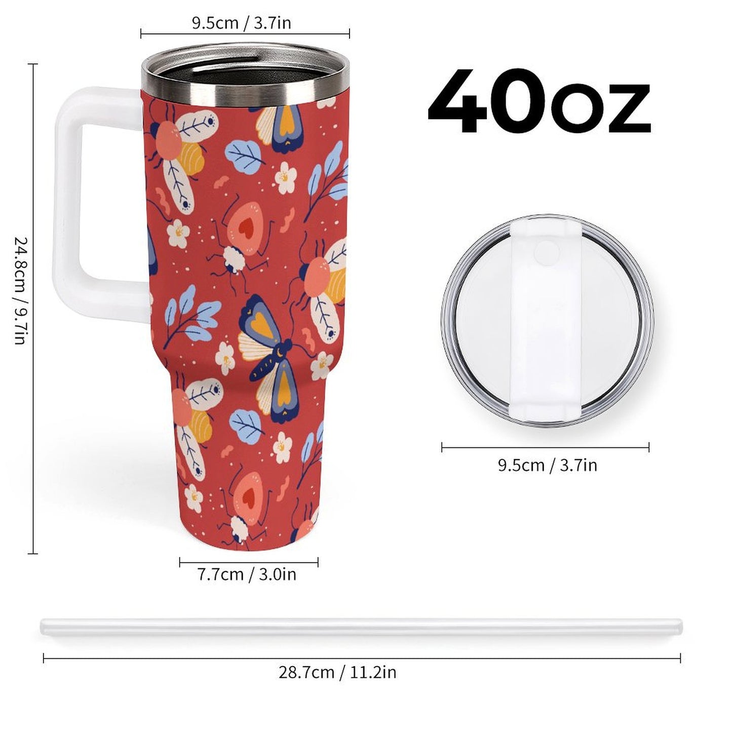PHDT00511 POD US Local Tumbler 40oz Large Capacity Car Cup Red Retro, Butterfly, Flower, Insect