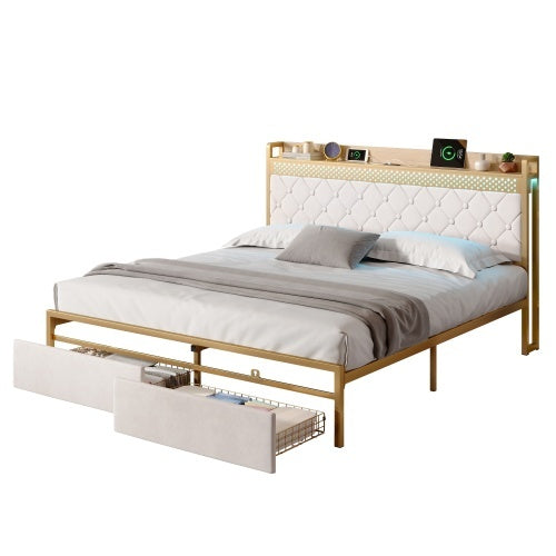 UK Local 4ft6 Double Bed Frame With 2 Storage Drawers, RGB LED Storage Headboard With Charging Station, Velvet Bed Frame, With Chrome Decoration, No Box Spring Needed, Easy Assembly, Beige
