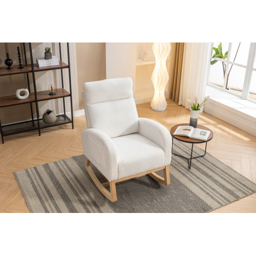 UK Local Mid Century Modern Teddy Fabric Upholstered Rocking Chair Padded Seat For Living Room Bedroom, Beige