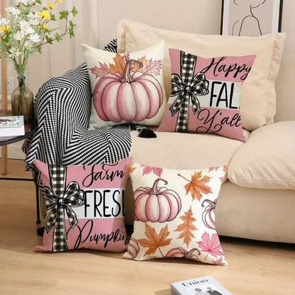 4Pcs Pillow Covers 18x18In Pumpkin Maple Leaf Throw Cushion Cover Happy Fall Pillow Cushion Case For Thanksgiving Sofa Couch Bedroom Home Office Farmhouse Decorations