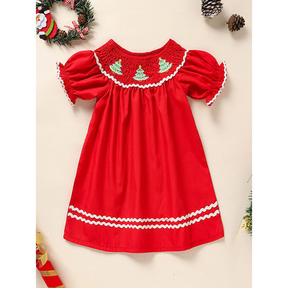 US Local Toddler Infant Girl Christmas Dress Smocked Christmas Tree Embroidery Short Sleeve Princess Party Dress