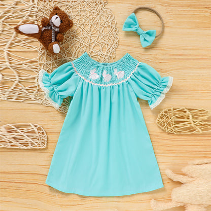 US Local Toddler Girl's Bunny Dress Bow Headband Ruffle Sleeve Smocked Dress With Rabbit Embroidery For Summer
