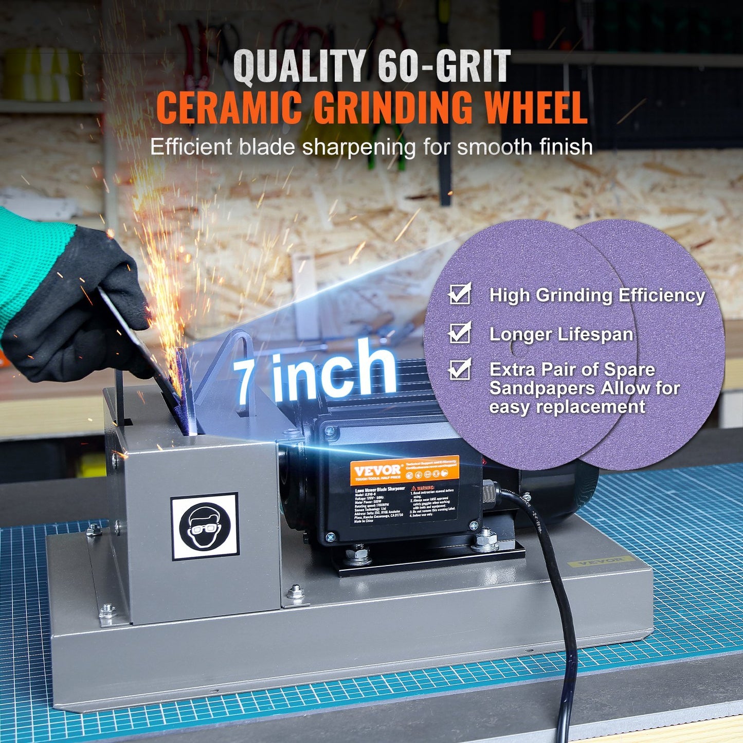 US Local VEVOR Lawn Mower Blade Sharpener, 500W Lawnmower Blade Grinder With 7-inch Ceramic Grinding Wheel, Powerful Bench Mower Sharpening Machine For High Low Lift Blades, Gator Blades, Flat Blades