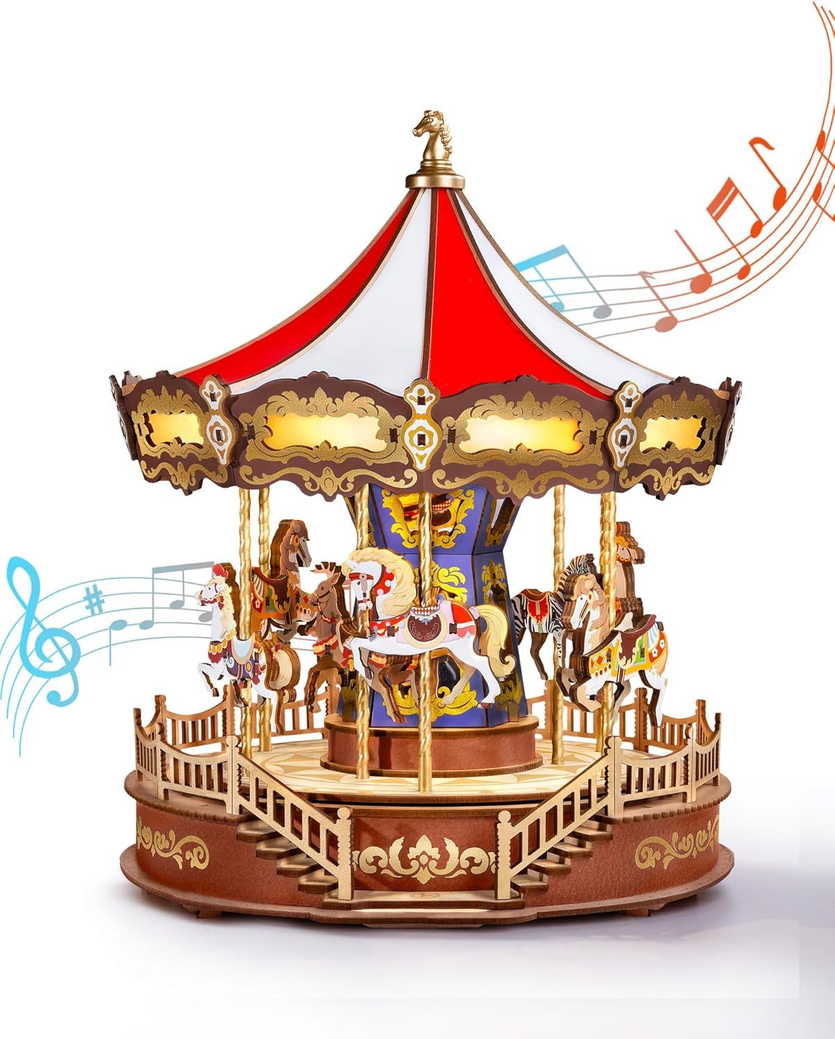 US Local ROBOTIME 3D Wooden Puzzle Classic Carousel Music Box With LED Lights, Model Kits For Adults To Build, Gear Model Building Construction Craft Kits