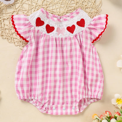 US Local Newborn Baby Girls' Valentine's Day Smocked Romper Ruffle Sleeve Plaid Heart Embroidery Jumpsuit Casual Cute Romper