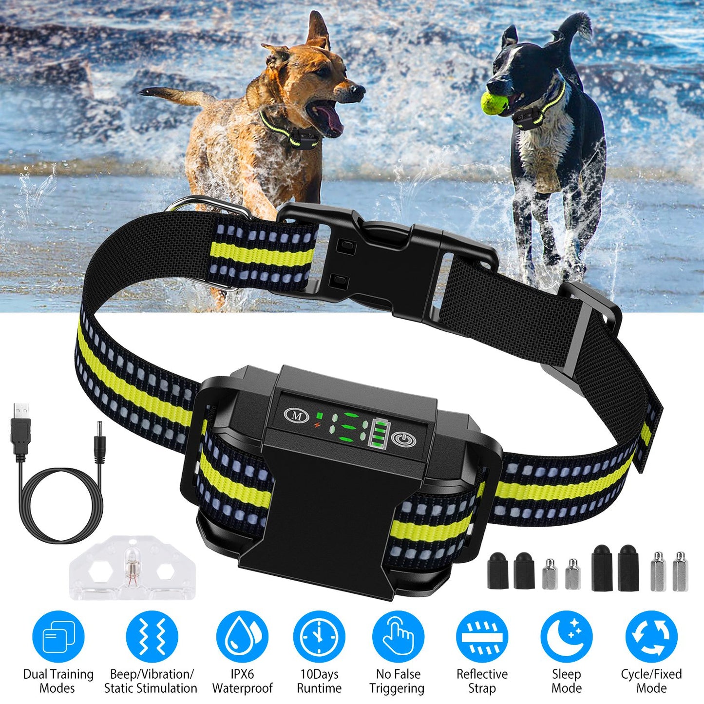 US Local Dog Bark Collar Rechargeable Waterproof Beep Vibration Static Stimulation Bark Stopper Automatic Identification Collar With 6 Intensity Dual Modes