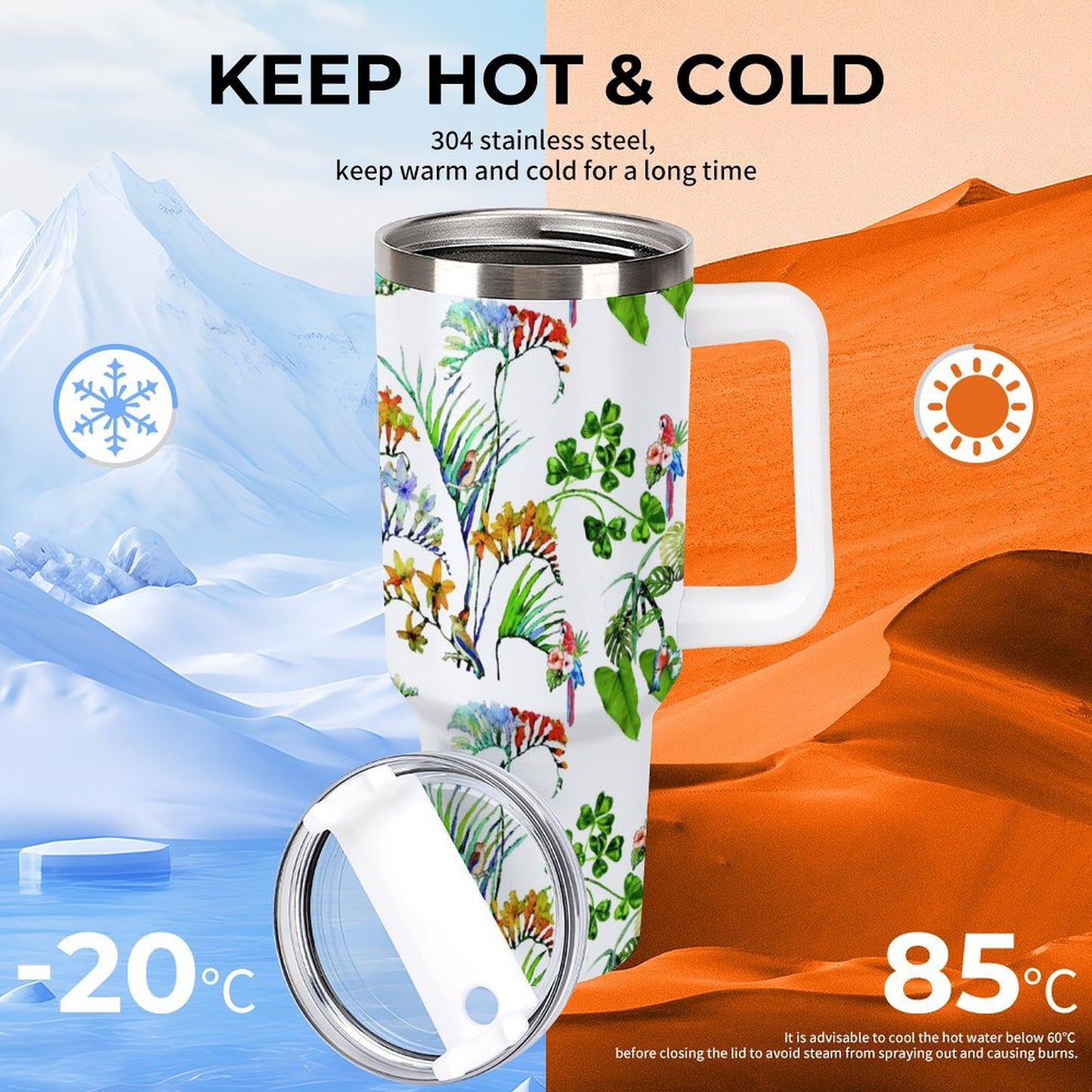 PHDT00531 POD US Local Tumbler 40oz Large Capacity Car Cup Parrots, Flowers, Tropical