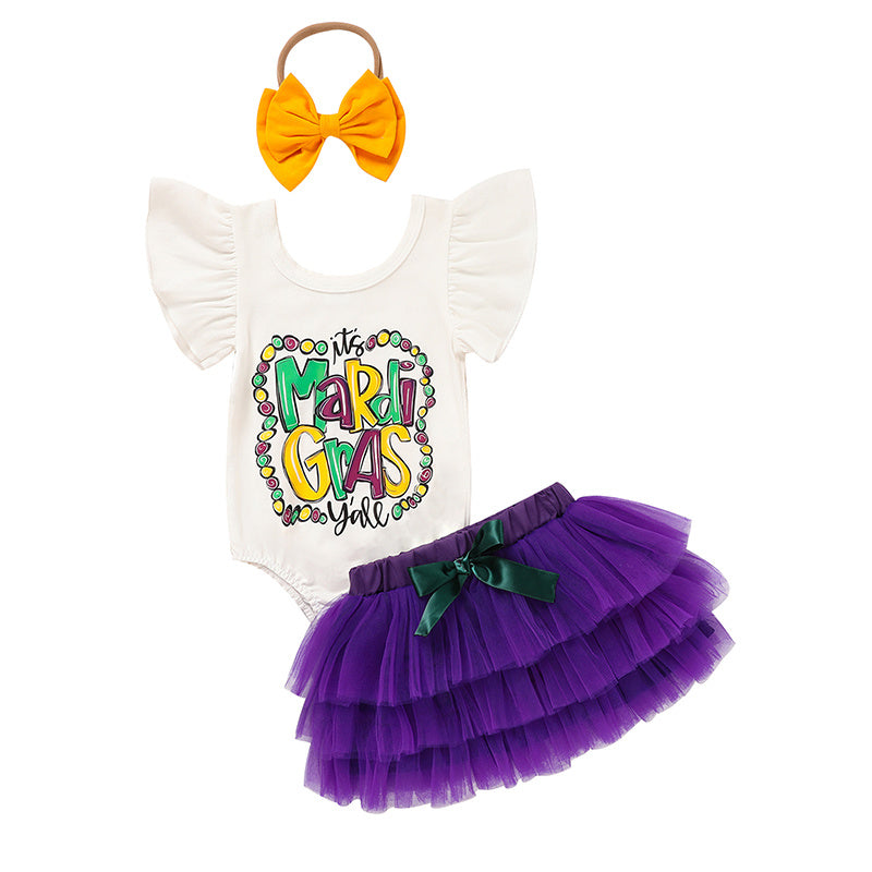 US Local Baby Girls' Mardi Gras Outfit Set Ruffle Sleeve Letter Print Bodysuit, Mesh Tutu Skirt & Hairband