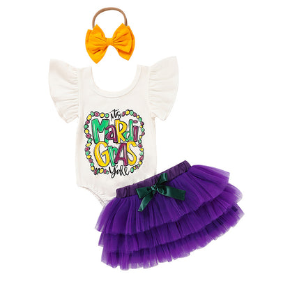 US Local Baby Girls' Mardi Gras Outfit Set Ruffle Sleeve Letter Print Bodysuit, Mesh Tutu Skirt & Hairband